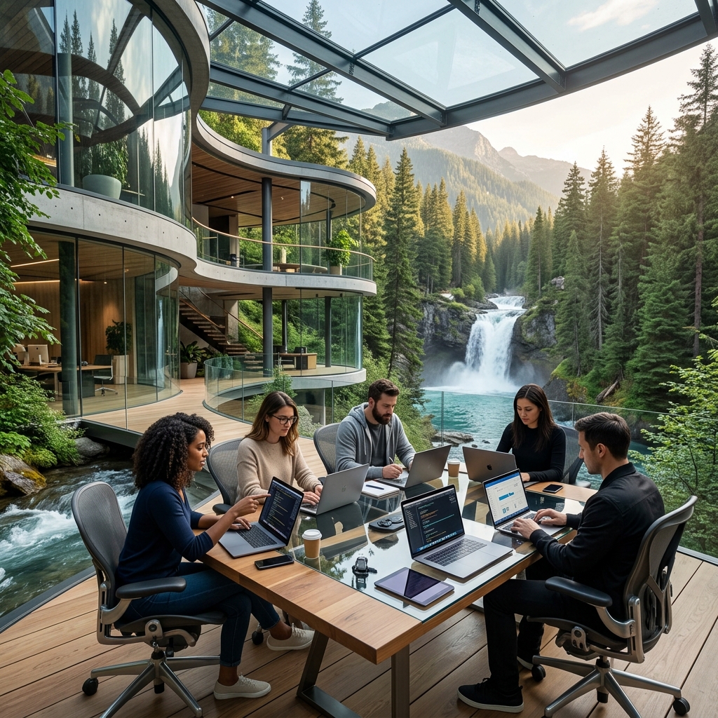 Thác nước và núi đồi ôm trọn không gian làm việc